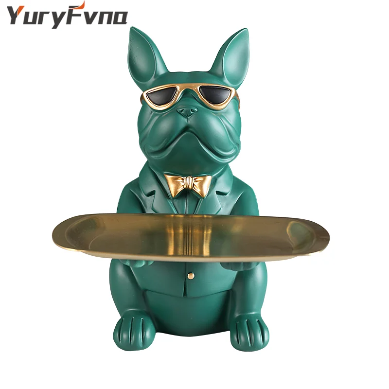 YuryFvna French Bulldog Figurine with Tray Sculpture Desk Storage Statue Decorative Coin Bank Home Room Abstract Art Decoration