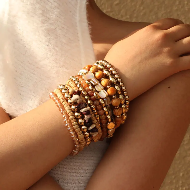 12pcs Fashion Boho Sandy Beach Style Beaded Bracelet Handmade Beach Party Elastic Anklets