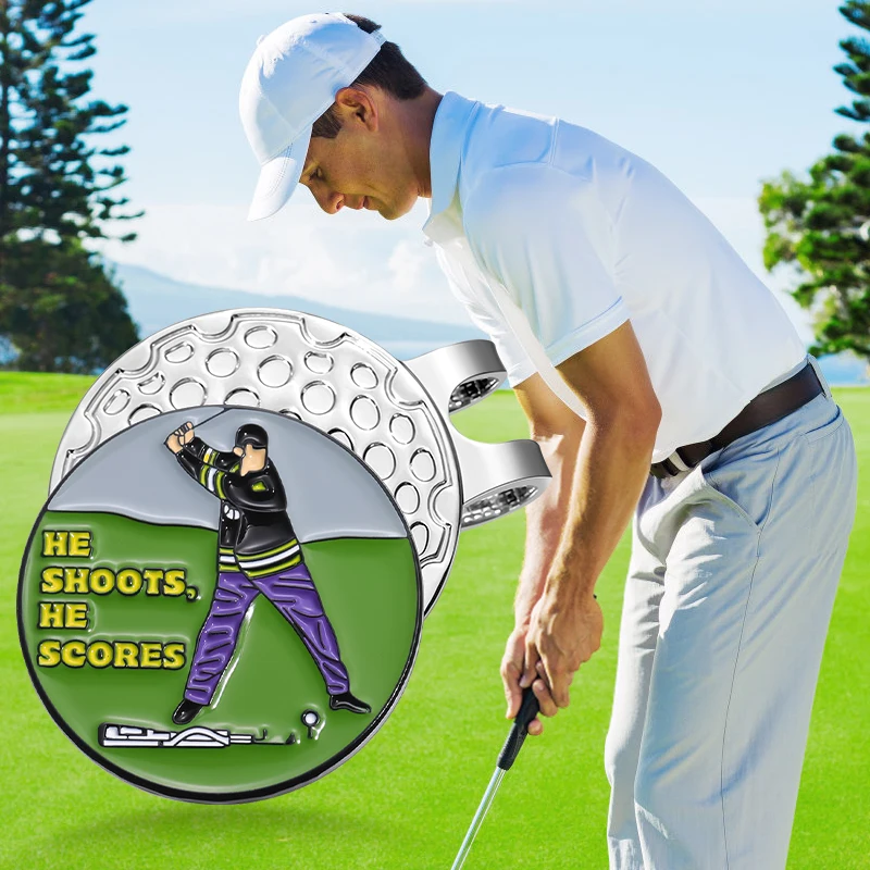 He Shoots He Scores Golf Ball Marker Magnetic Golf Hat Clip Metal Attaches Enamel Clips Golf Training Aids Accessories for Gift