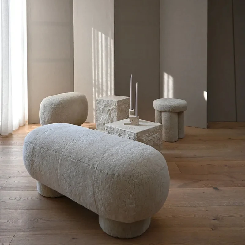 #Modern Cream Style Wool Sofa Bench Customized Length Villa Bedroom Footstool Soft Fabric Leisure Living Room Furniture
