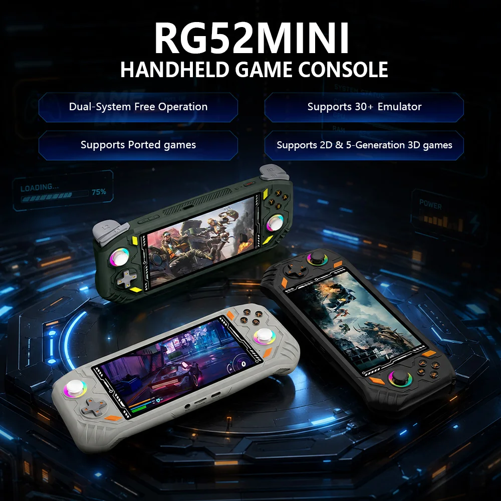 Console de Jogo Portátil AISLPC RG52 MINI com Tela IPS de 5.5", WIFI 2.4G, 22000+ Jogos, Sistema Duplo RK3562