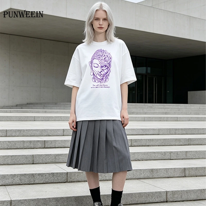 Dark Aesthetic Half Buddha Demon Print T-shirt Harajuku Street Style Oversized Loose Cotton Tee Summer Daily Wear Pullover Tops
