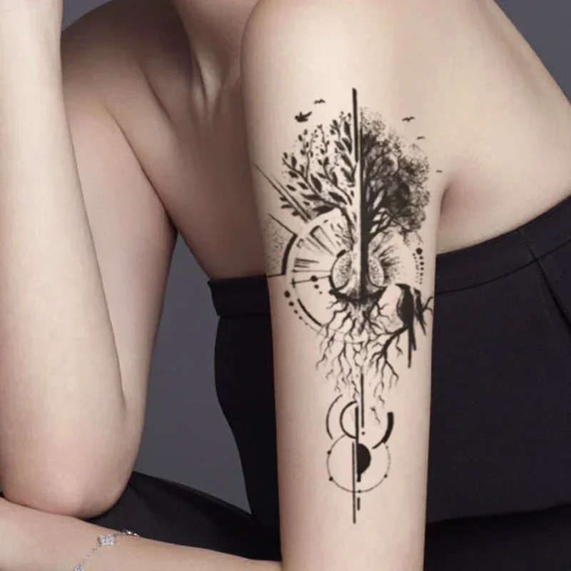 Life Tree Geometric Waterproof Temporary Tattoo Sticker Black Crow Lines Fake Tattoos Flash Tatoos Arm Body Art for Women Men