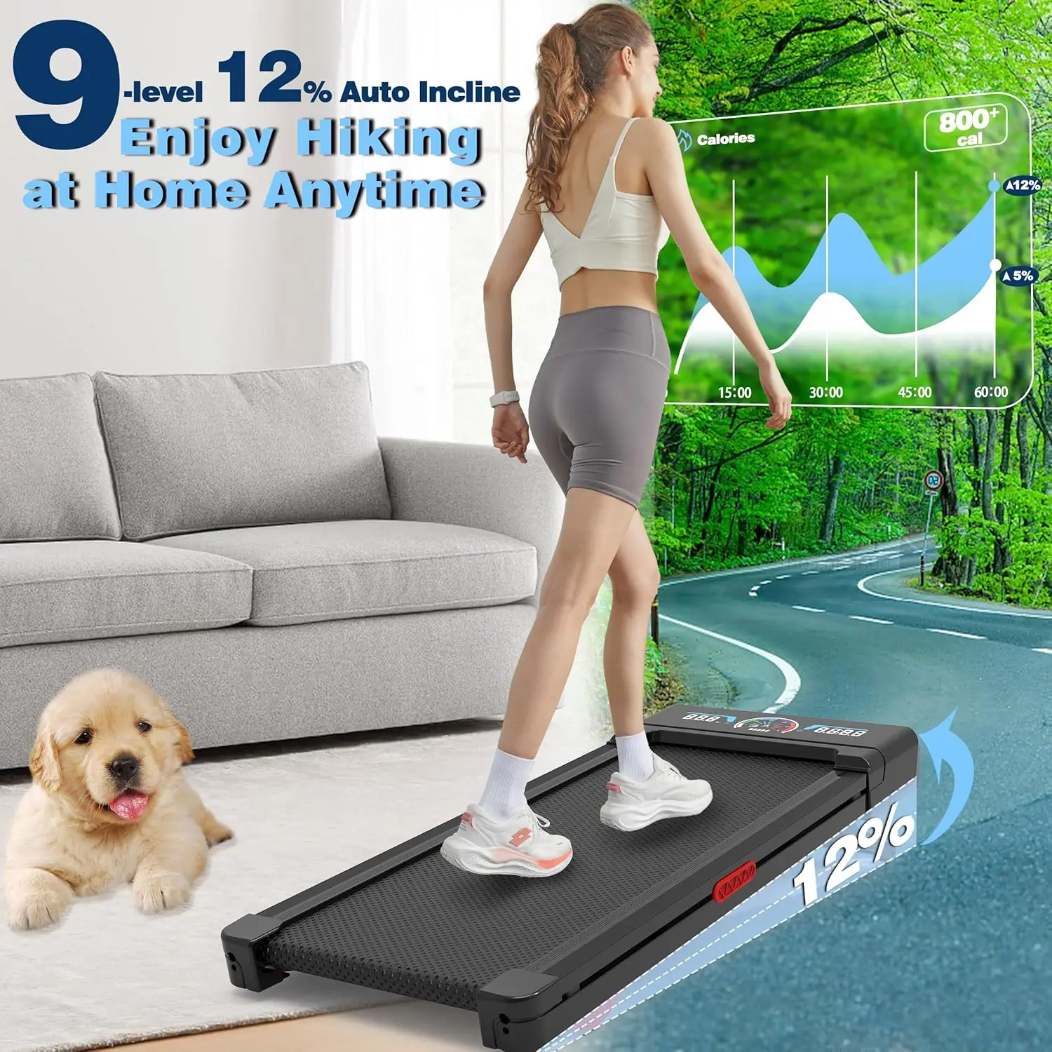 Under Desk Treadmill with 12% Auto Incline (9 Levels), 450 Lbs Weight Capacity, RGB LED Display & Built-in Bluetooth Speaker