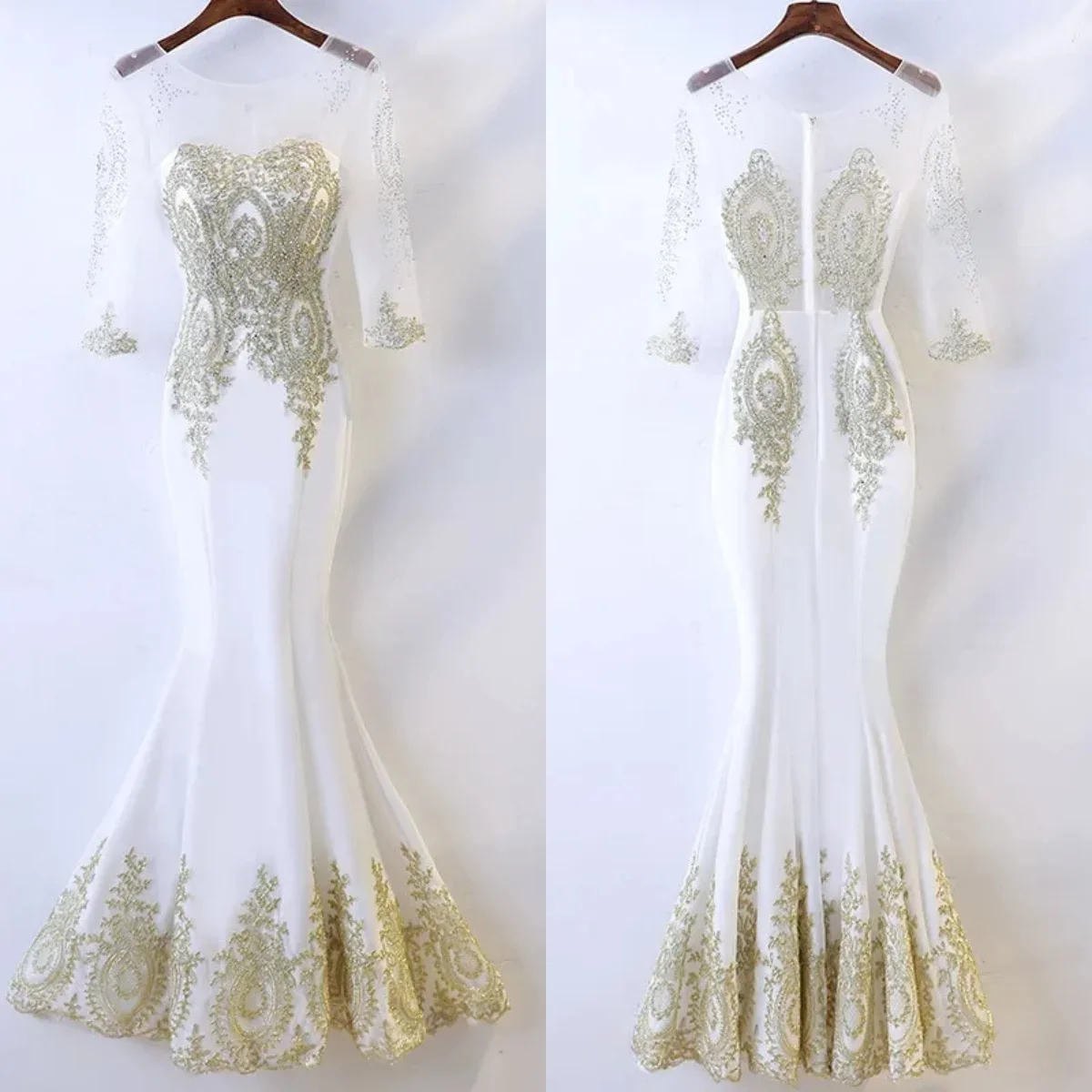 

Evening Dress White Jersey Golden Appliques illusion O-neck 3/4 Sleeves Mermaid Trumpet Floor Length Plus size Women Party Gown