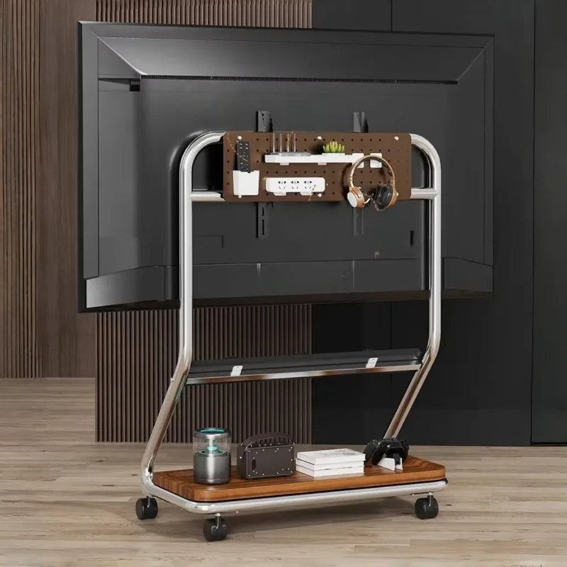 2026 Heavy Duty 110 Lbs Load Capacity Stainless Steel TV Cart Mobile TV Trolley With Pegboard Power Rail Socket For 32/55/65 Inc