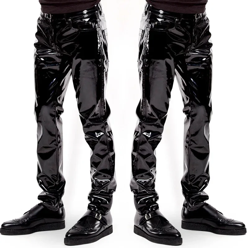 

New Mens Elastic Faux Leather PVC Pants Motorcycle Ridding Black Slim Fit Dance Party Trousers Biker Leather Pants For Male