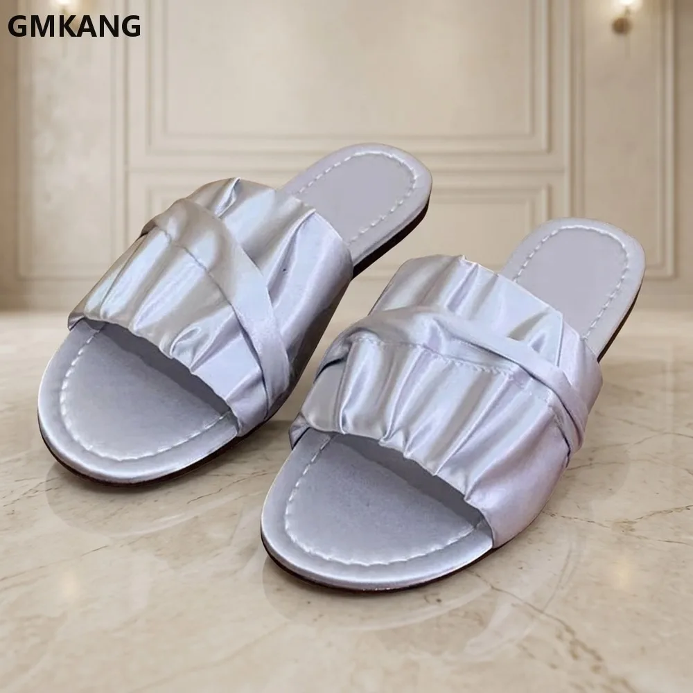 Women Satin Pleated Mules Open Toe Flat Slides Summer Casual Street Style Slippers Outdoor Vacation Shoes Comfortable