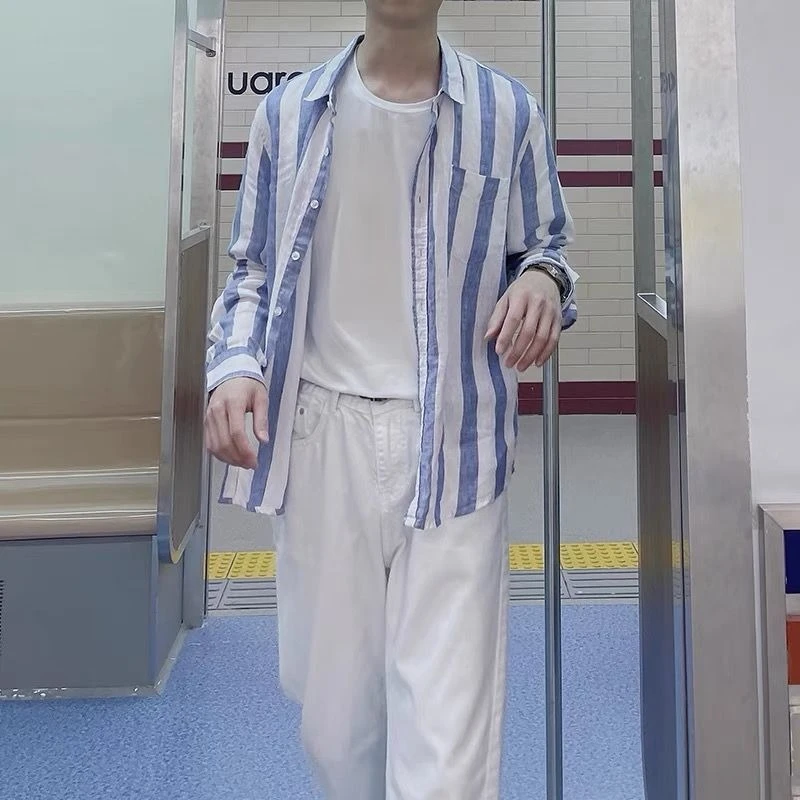 

Versatile Hong Kong Style Striped Men Long Sleeve Shirt Youth Casual Thin Loose Fit Korean Trendy Shirt Light Jacket