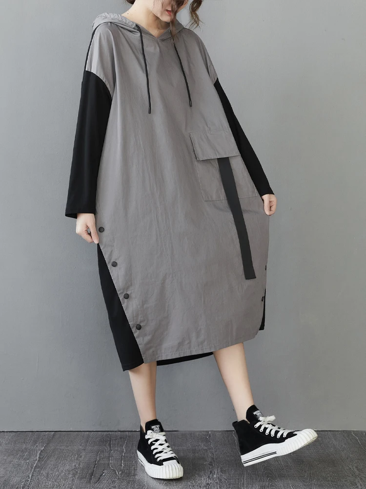 Autumn British Womens Fashion Hooded Design Loose Dresses Ladies Elegant Oversized Vestidos Females Classic Casual Long Clothes