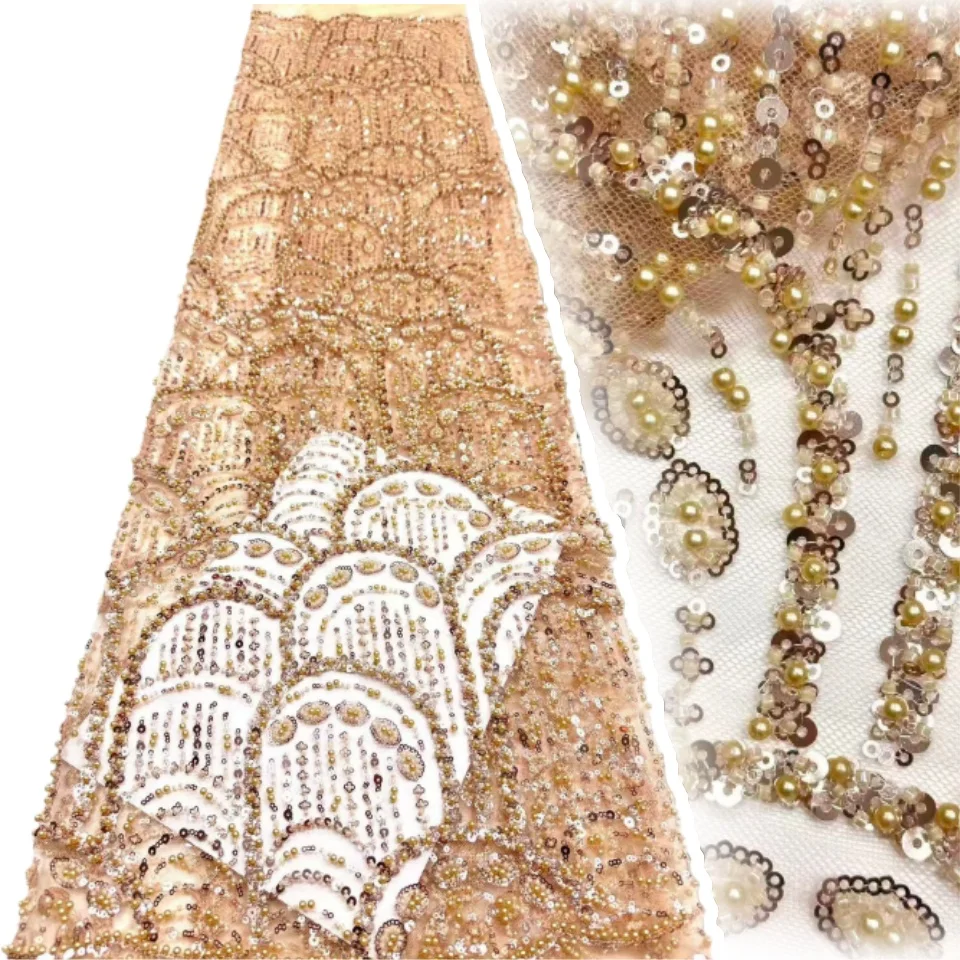 

Африканское кружево ручной работы с бисером, 5 ярдов, премиум-класса, французская сетка с пайетками, нигерийское кружево для свадебных и праздничных платьев, 2179