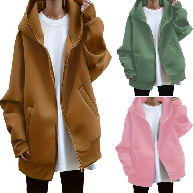 

Sweatshirt for female autumn and winter fashion new solid color personality street zipper hooded jacket