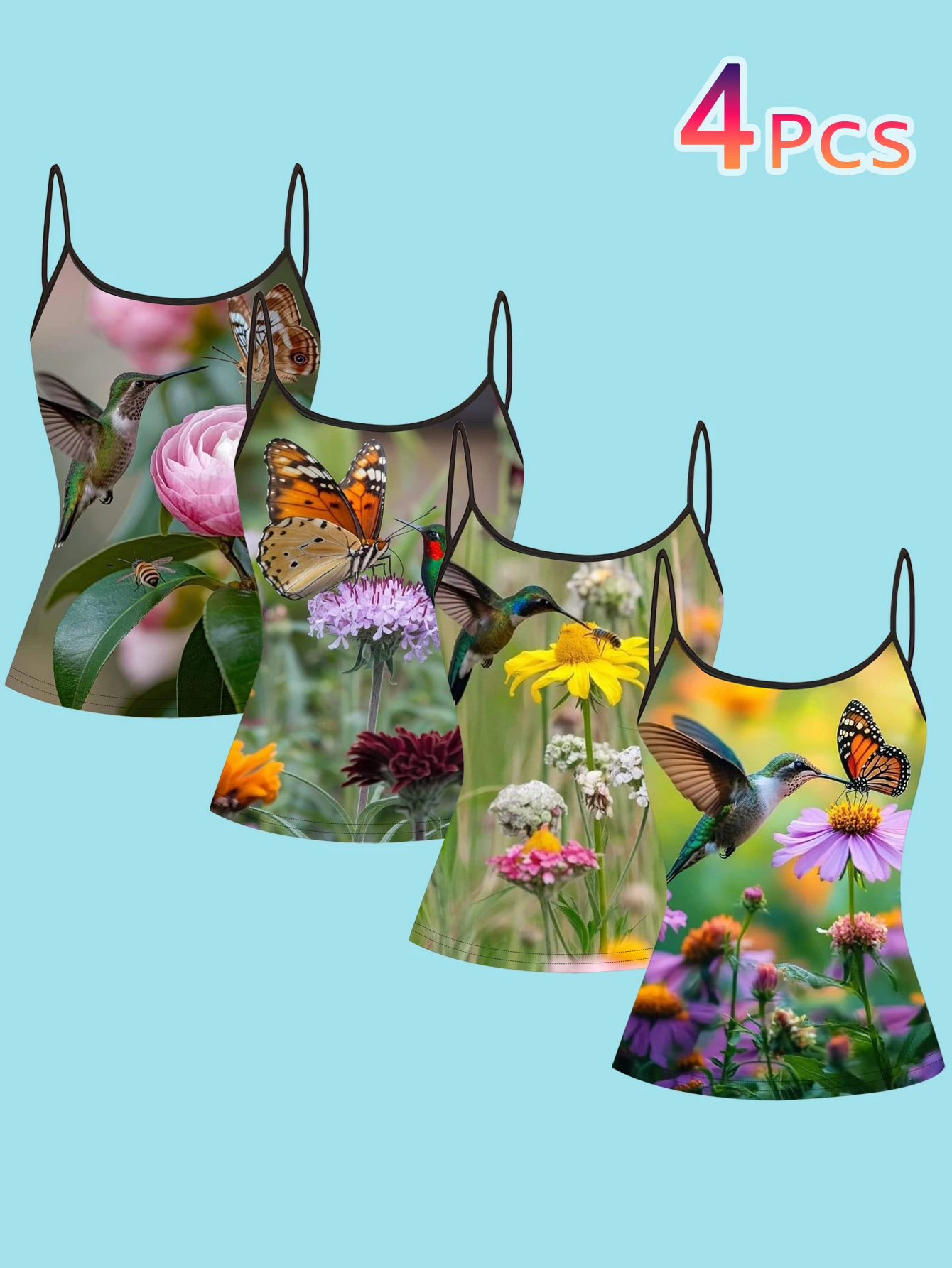 4-Piece Set of Realistic Hummingbird, Butterfly, and Wildflower Print Spaghetti Strap Camisoles for Women, Forest Style, Slim Fit, Can Be Worn as an Inner Layer or Outerwear