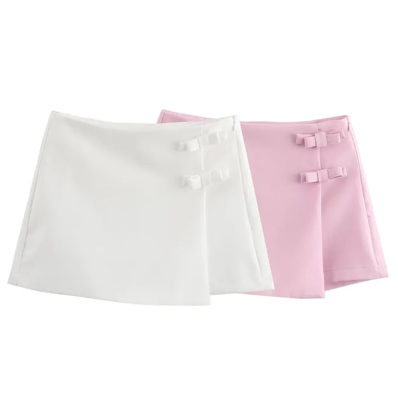 TRAF Bow Pink Skort per le donne a vita alta Mini gonna bianca pantaloni moda estate donna Skort Streetwear Culottes asimmetrici