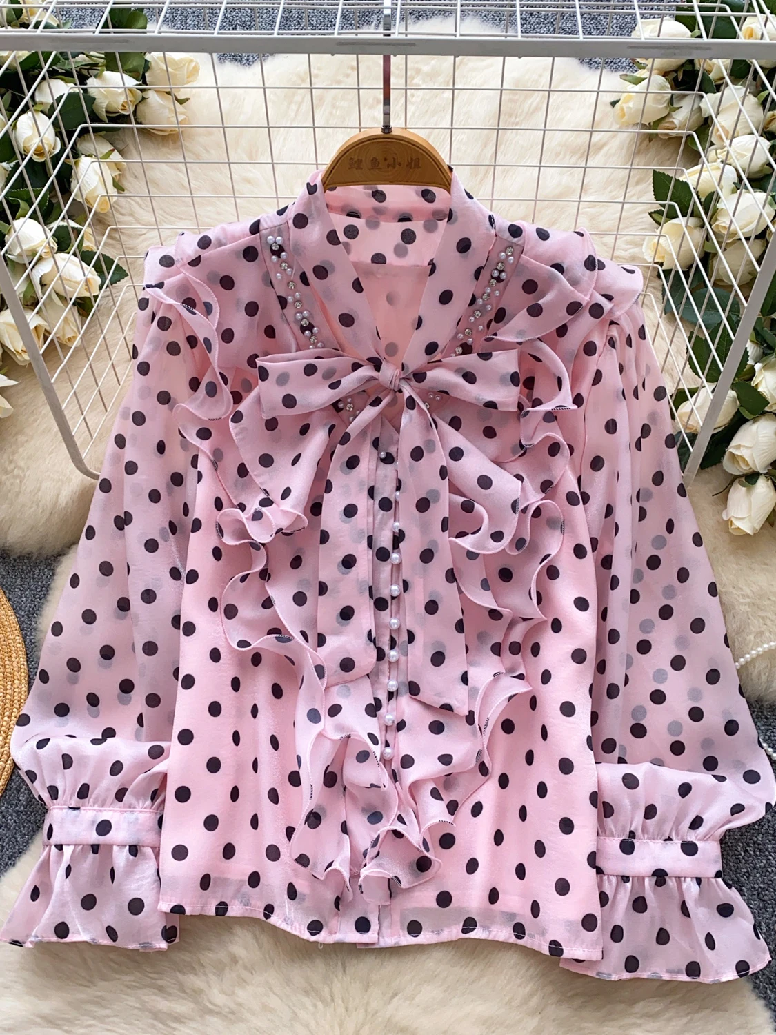 

2026 New Autumn Women Lace up Bow Stand Collar Long Sleeve Shirt Heavy Industry Bead Single Brested Polka Dot Shirt Tops