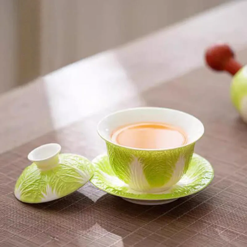 Creative Porcelain Cabbage Ceramic Tea Set Household Tea Tureen Tea Cup Suit Handmade Crafts Kitchen Teaware