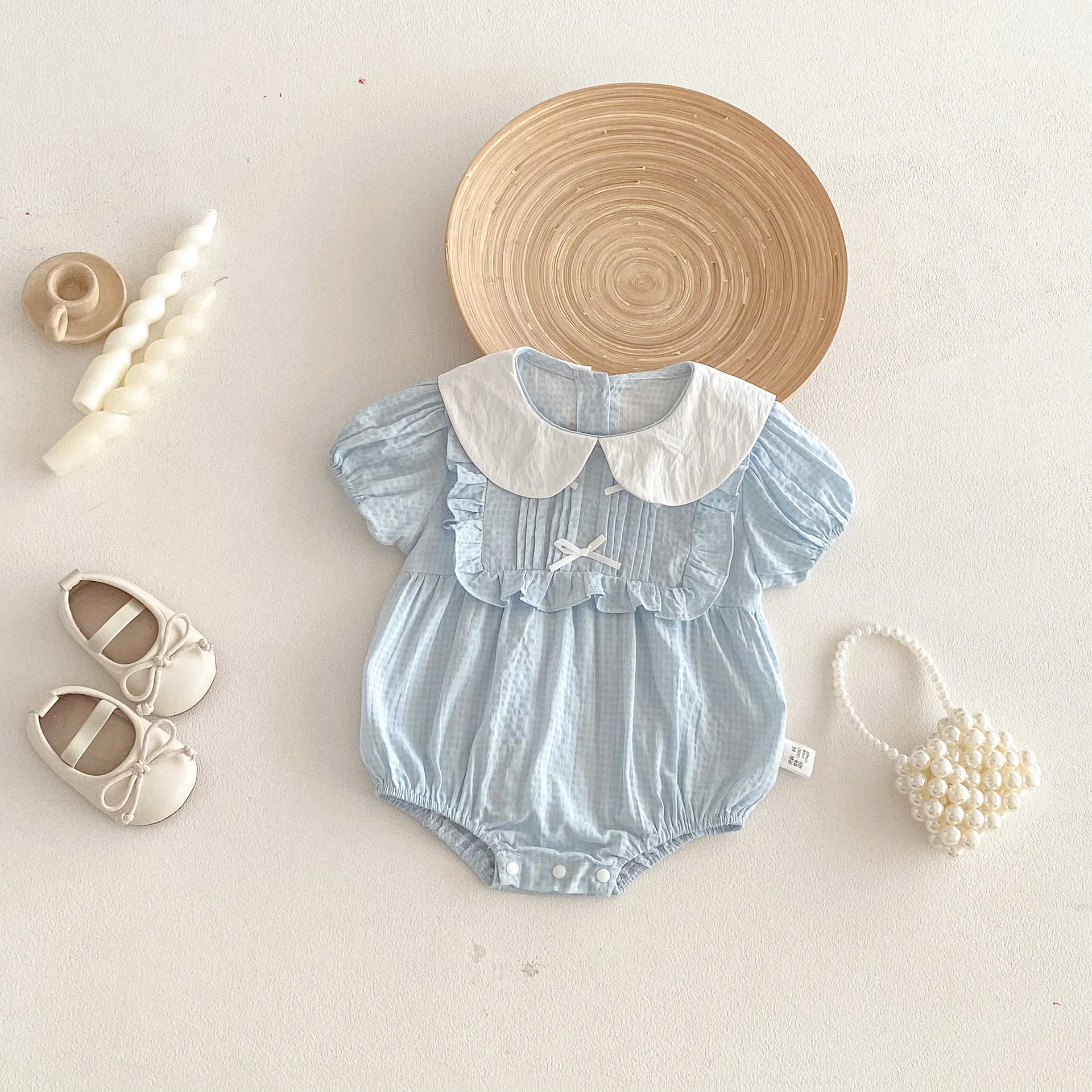 2026 Summer Sweet Style Baby Bodysuit Peter Pan Collar Bow Clothes for 3M-2T Girls Blue Puff Sleeve One Piece Clothing