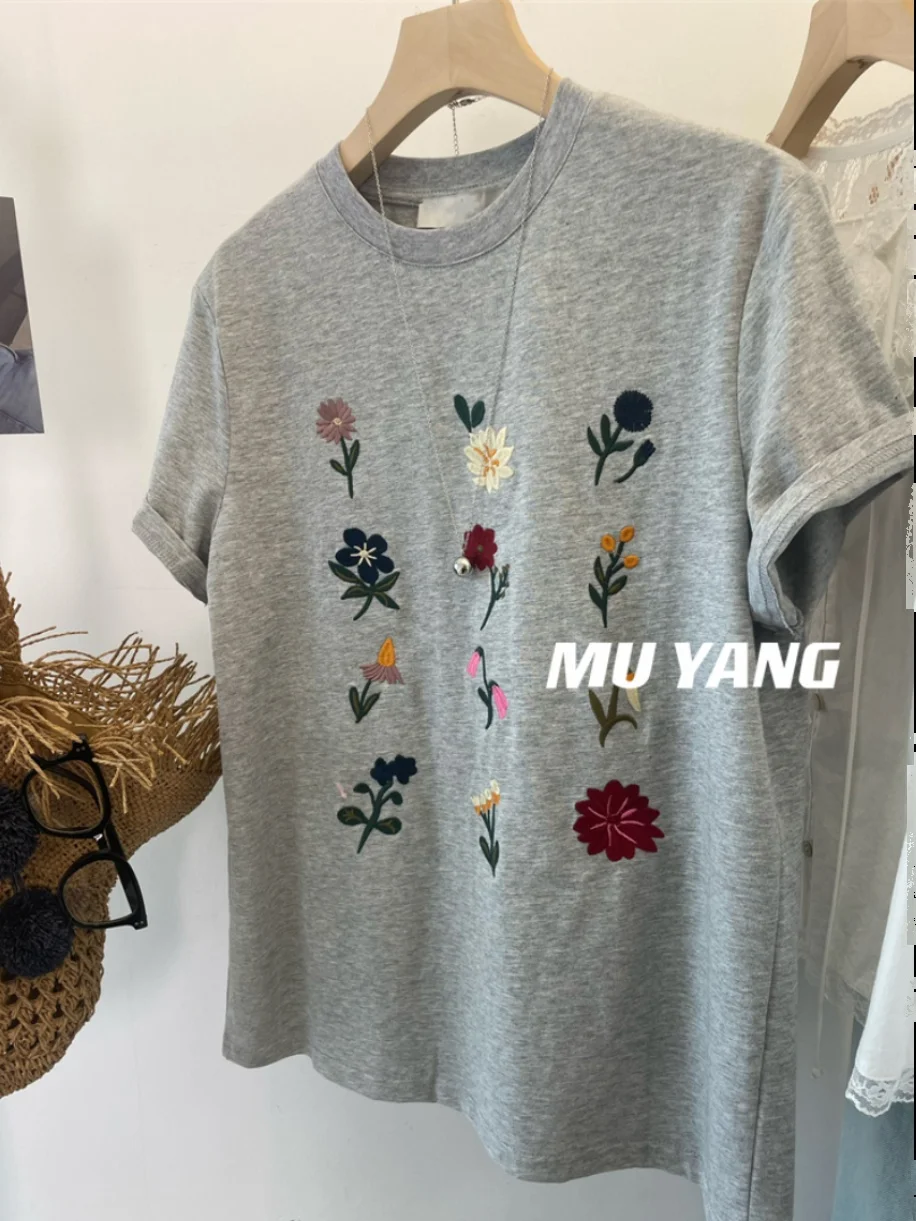 

Extra Large Size 300 Pou Heavy Embroidery Flower ort Sve T-irt Women Summer Korean Sle Loose plus Size Slimming Top