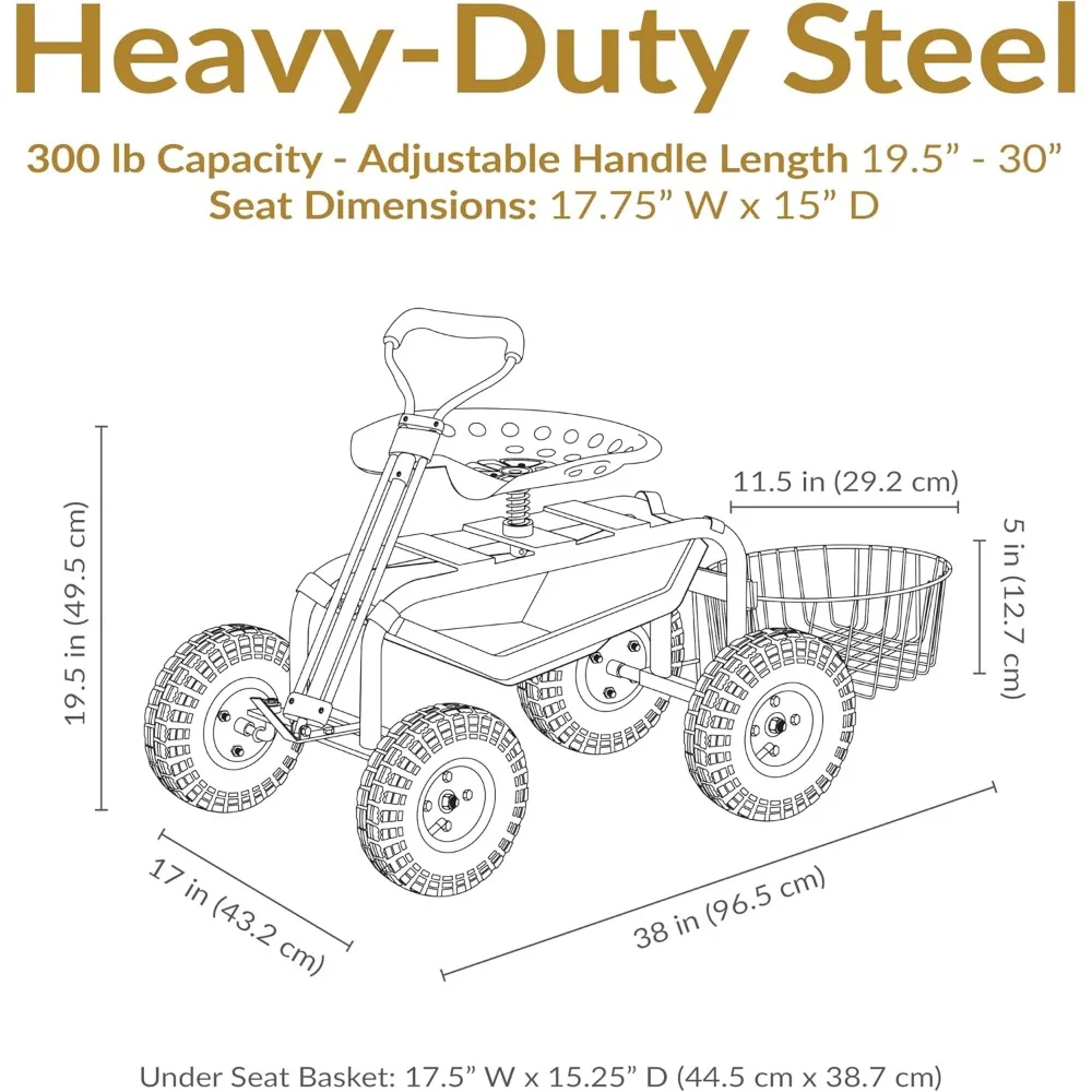 مقعد حديقة دوار بمقبض قابل للتمديد ودوران - مقعد بستنة خارجي محمول على عجلات - أخضر