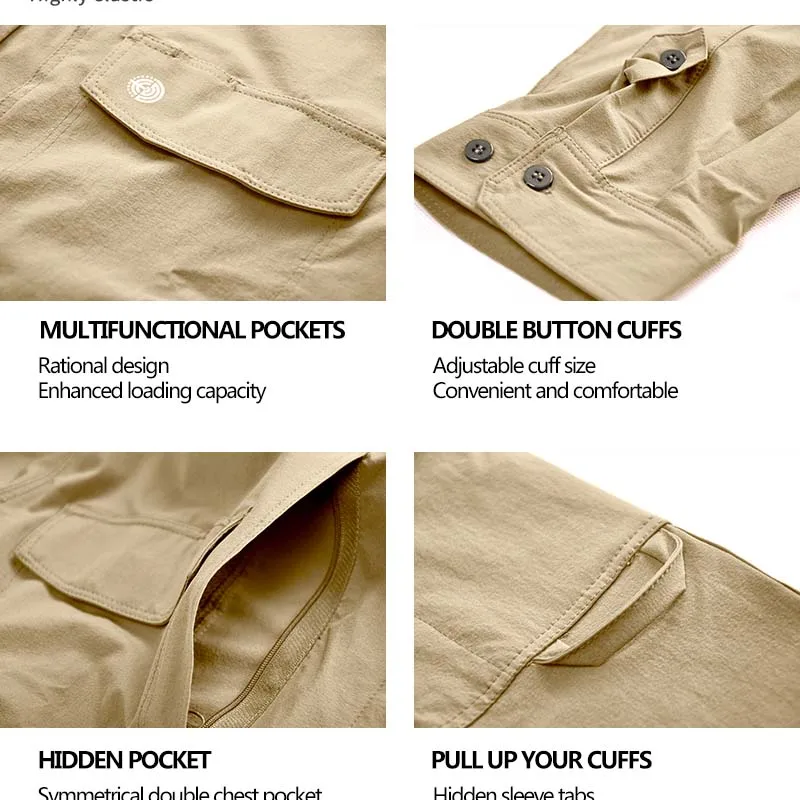 Outdoor Quick Dry Long Sleeve Cargo Work Shirts with Pockets Mens Safari Hiking Shirts Button Down Shirts Hunting Clothes