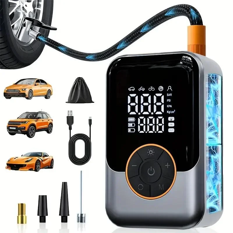 150 Psi Portable Air Pump with Digital Pressure Gauge, LED Light, USB Rechargeable Battery, Wireless Design for Cars, Bikes, Bal