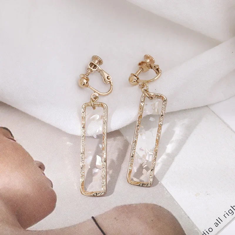 Retro Geometric Retangle Ear Clips Without Pierced Women Korean Temperament Transparent Shell Square Long Clip Earrings No Hole