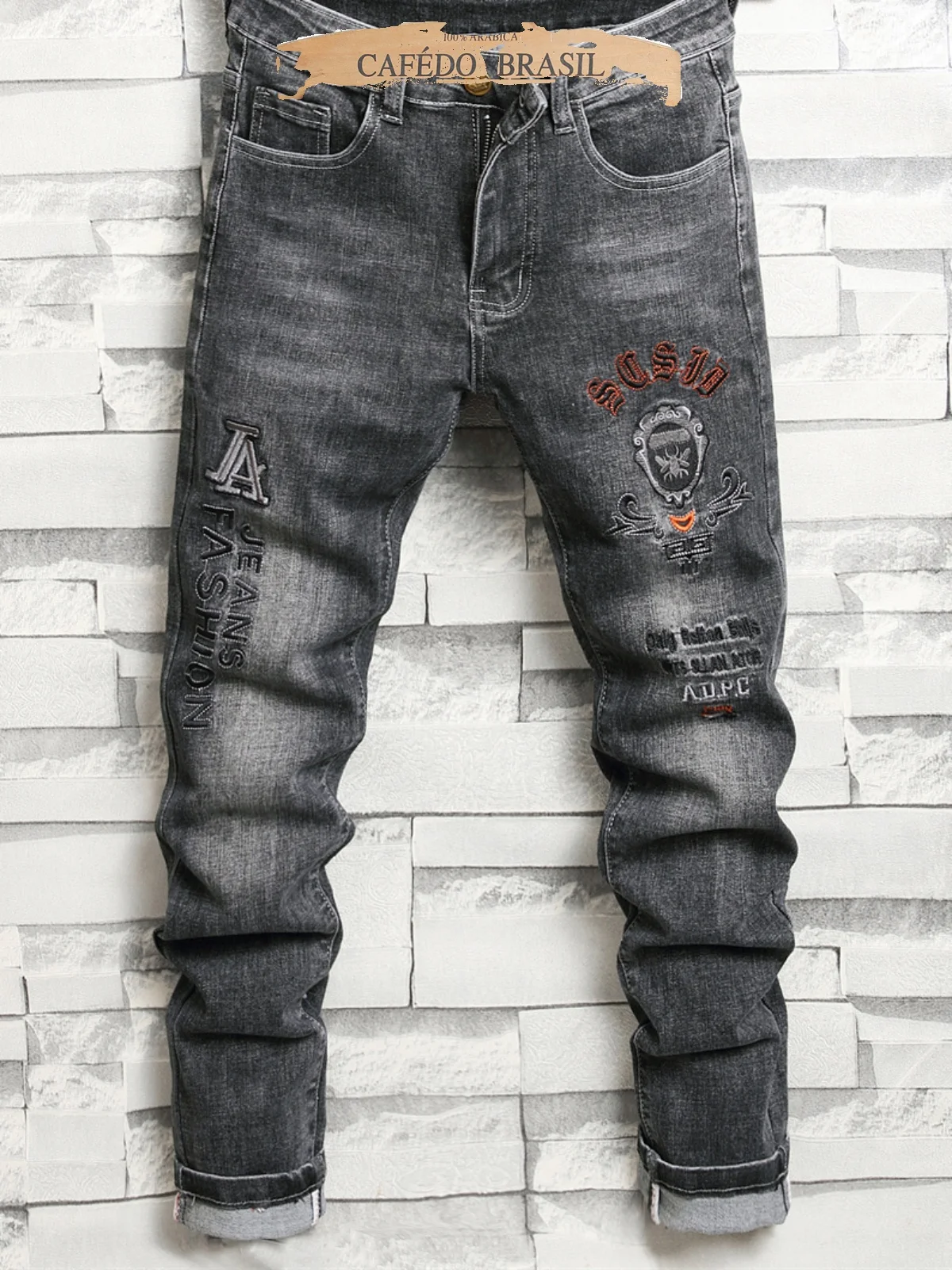 

High-End Bla Embroidered Slim Fit Men's Jeans Hong Kong Sle Spring Autumn Trendy Elastic Cotton Denim Casual Wear
