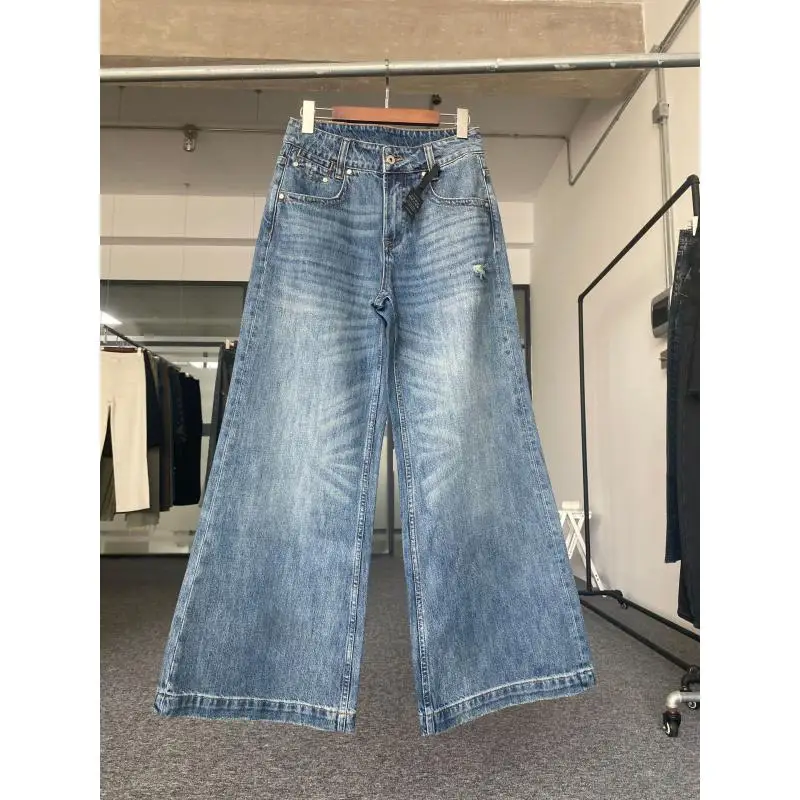 Maxdutti Women's Jeans Minimalist Retro Washed Blue Imported Cotton Loose Slim Fit Micro Flared Denim Pants For Woman Clothes