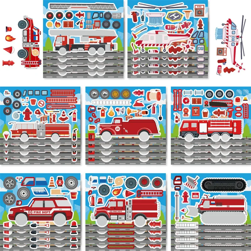 8-24Sheets Kids Stickers Puzzle DIY Fire Fighting Truck Stickers Cartoon Car Helicopter Firefighting Vehicle Decals For Children