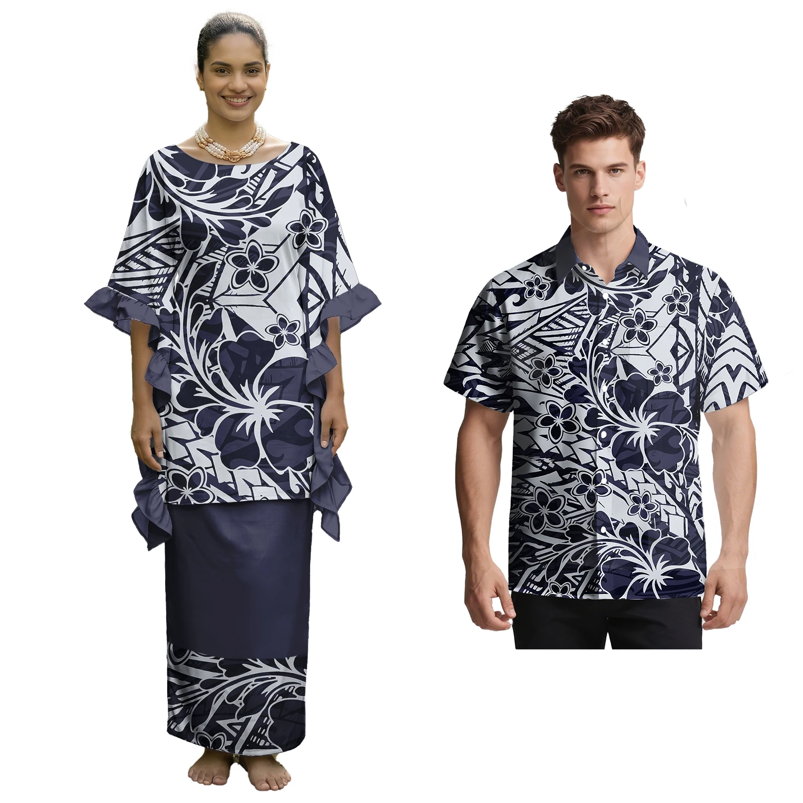 Unisex Clothes Custom Hawaii Men Shirts Polynesian Ruffled Sleeve Women Puletasi 2pc Set Samoan Tribal Style Church Couple Suit