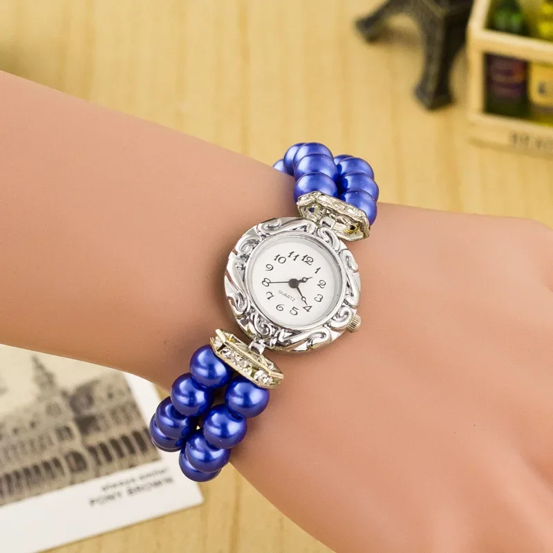 Brand Beautiful Women Watch Quartz Fashion Students Bracelet Golden Pearl Leather Band Watches for Women Silver Arm Bands