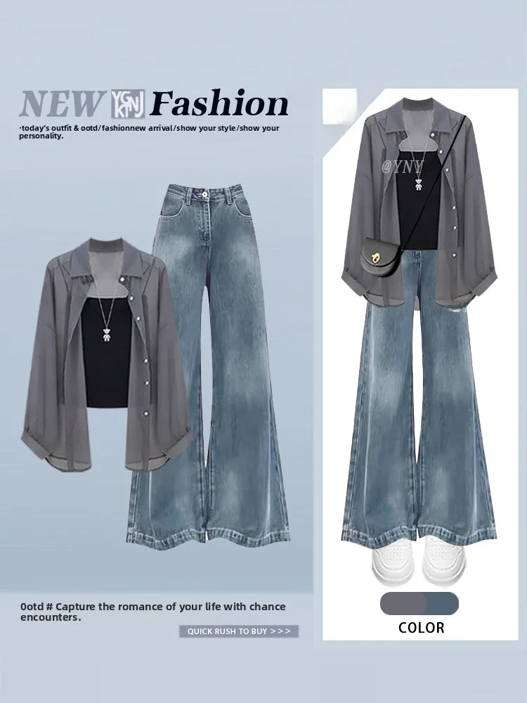

Gray Shirt Casual Fashion Autumn High Waist Slimming Denim Three Piece Set Women's Short Sleeve T-Shirt Polyester Fiber