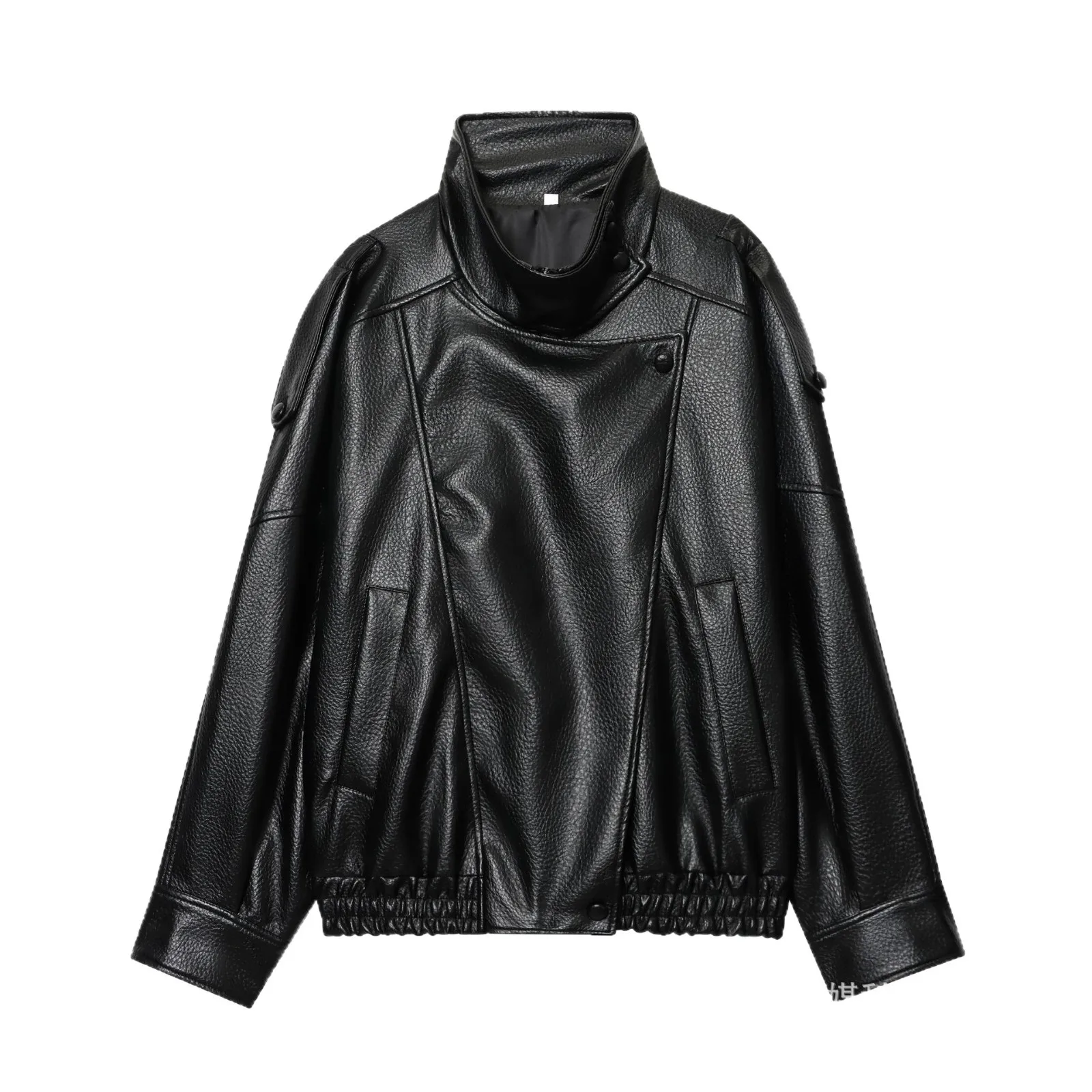 Women's Jacket New Black Long Sleeve Faux Leather Jacket Motorcycle Style Personality Fashion button and Zipper closure traf