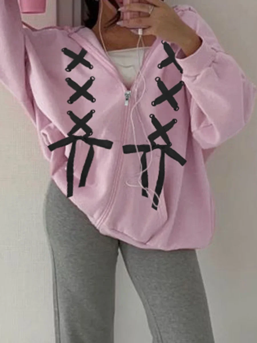 Women Zip y2k Oversize Hoodies Fashion Cross Tie up Bow Loose Long Sleeve Hooded Sweatshirt Jacket with Pocket Fall Streetwear