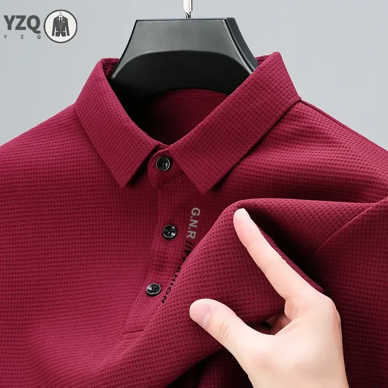 Men\'s Waffle Long Sleeved POLO Shirt with Letter Printed Lapel Casual Top
