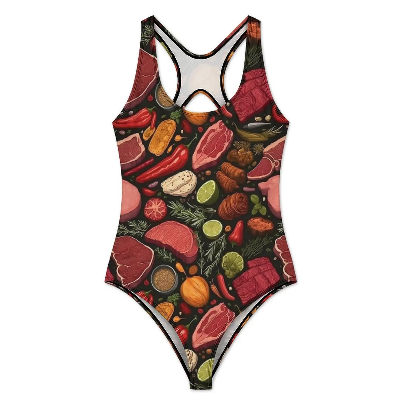 Meat And Spice Food Print Swimsuit Sexy  Ladies Swimwear One Piece Retro Bodysuit Holiday Rave Push Up Hollow Out Bathing Suit