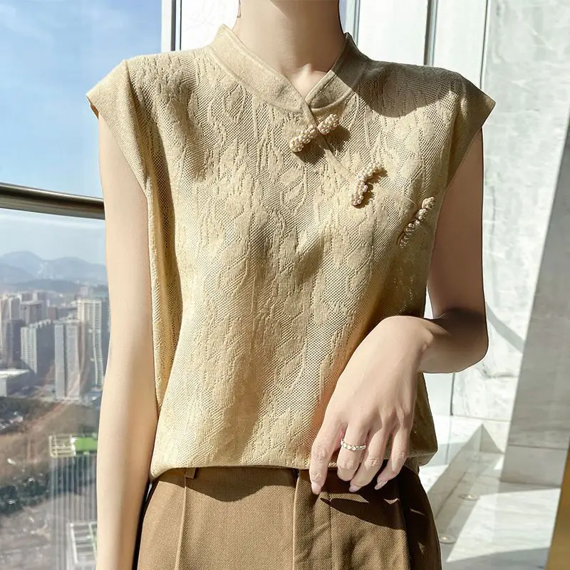 

Elegant Stand Collar Beading Hollow Out Blouses Women's Clothing 2025 Summer New Loose Knitted Chic Tops Office Lady Shirts