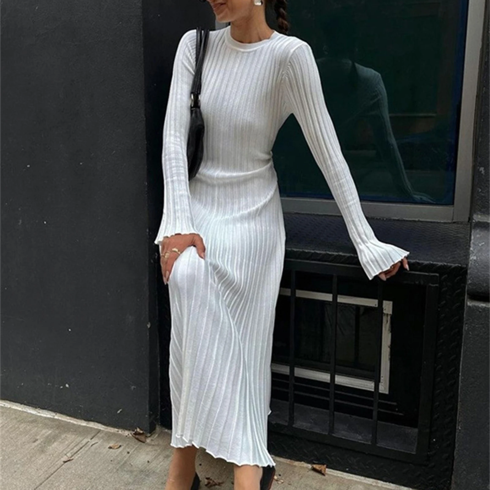 2024 Elegant Women Knit Dress Fashion Long Sleeve Crew Neck Ribbed Solid Fall Long Dress Streetwear Vestidos