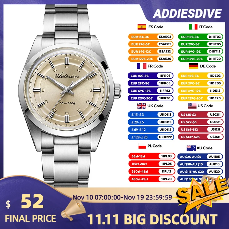

ADDIESDIVE AD2515 Dress Watch Men New VH31 Quartz Wristwatch Waterproof 100m Domed Glass Luminous Stainless Steel 36mm Watch