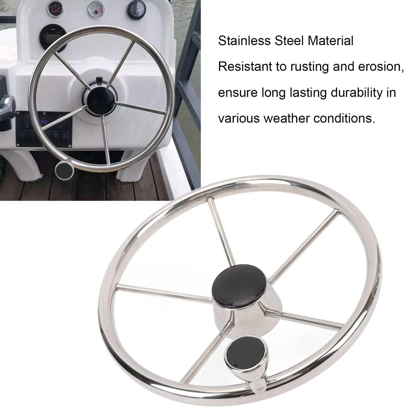 

Boat Steering Wheel Polished Finish 13-1/2 Inch 25 Degree 5 Spoke Marine Steering Wheel with Center and Grip for Yacht Speedboat