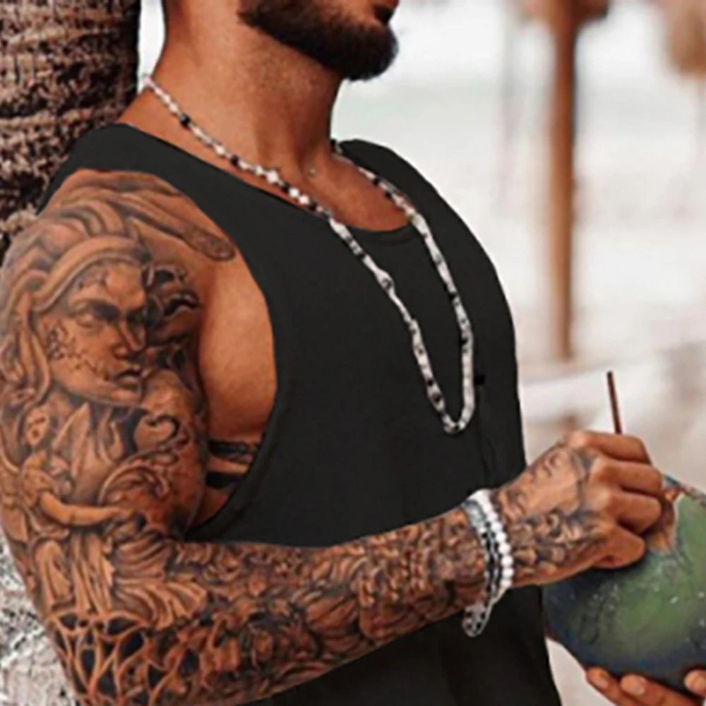 Mens Vest Summer Beach Vacation Vintage Sleeveless Male Clothing Tops Solid Color Crew Neck Loose Causal Men\'s Tank Tops S-3XL