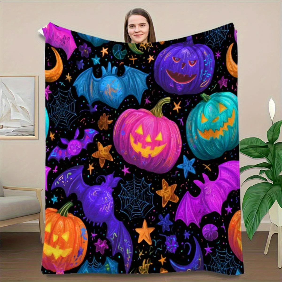 Halloween Pumpkin & Bat Printed Flannel Blanket Lightweight Throw for Living Room Decor, Vibrant Colorful Design, Perfect