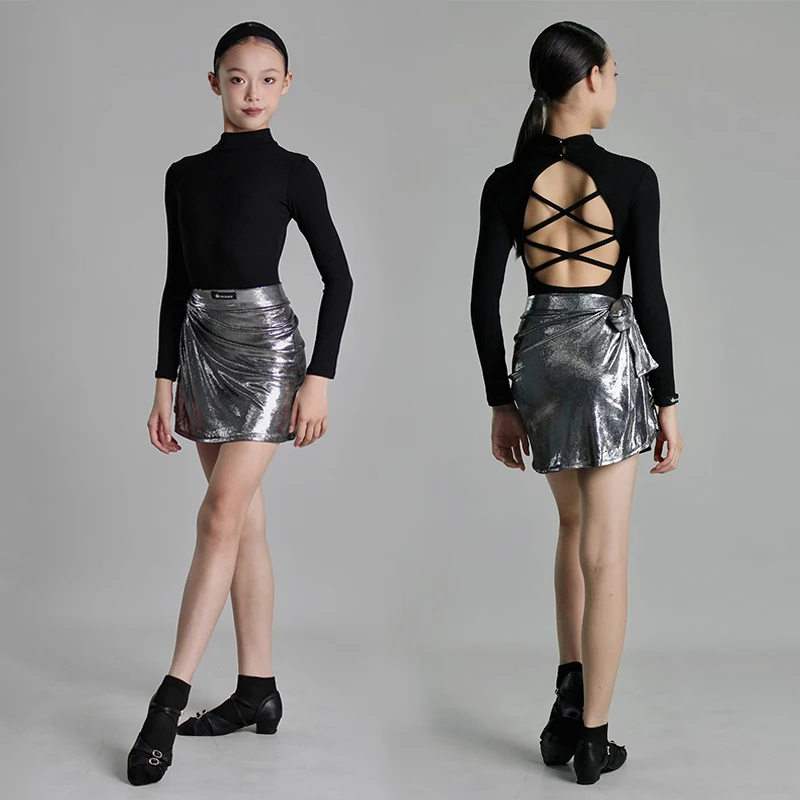 ใหม่ชุดเต้นรำละตินหญิงสีดำคอสูงบอดี้สูทกระโปรงสีเงินเด็กการปฏิบัติงานการแสดงสวมชุดเต้นรำละติน VBH2279
