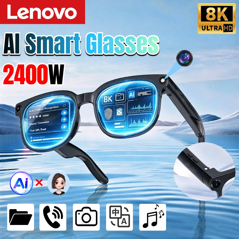 Nouvelles lunettes intelligentes AI améliorées Lenovo, caméra de prise de vue HD 8K 2400W, traduction Bluetooth, enregistrement de conversations, lunettes de soleil intelligentes