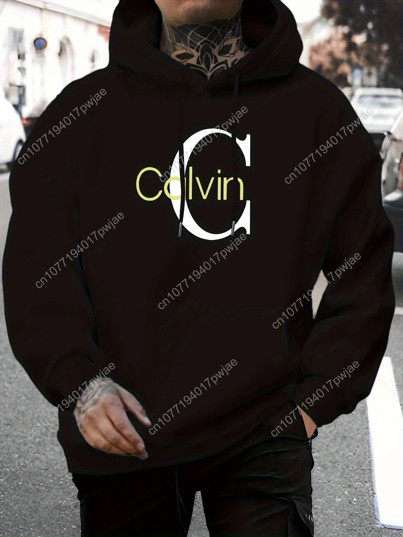

260gMen's Casual Hoodie, Eye-catching CALVIN Letter Print, Oversized Kangaroo Pocket& Stretch- Regular Fit Autumn/Winter Pullove