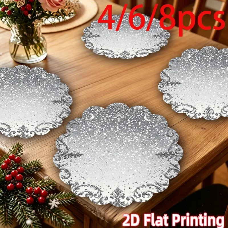 VIKAMA Linen Round Placemats, Silver Glitter Scrollwork Design, Washable Stain Resistant Easy Clean, Holiday Table