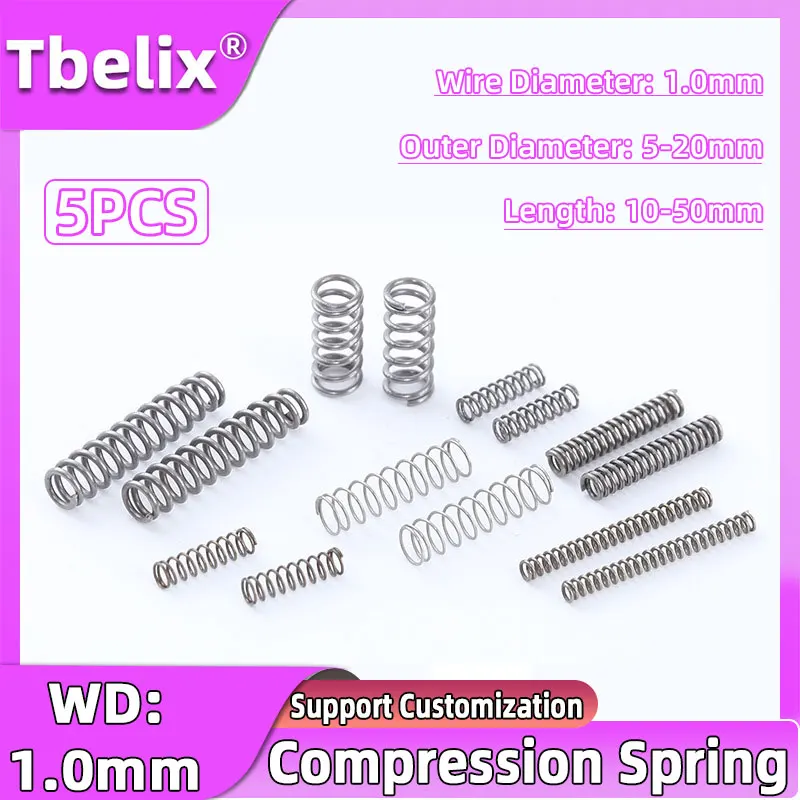 Tbelix 5PCS Cylidrical Coil Compression Spring Rotor Return Compressed Spring Release Pressure Spring Steel 65Mn WD 1.0mm