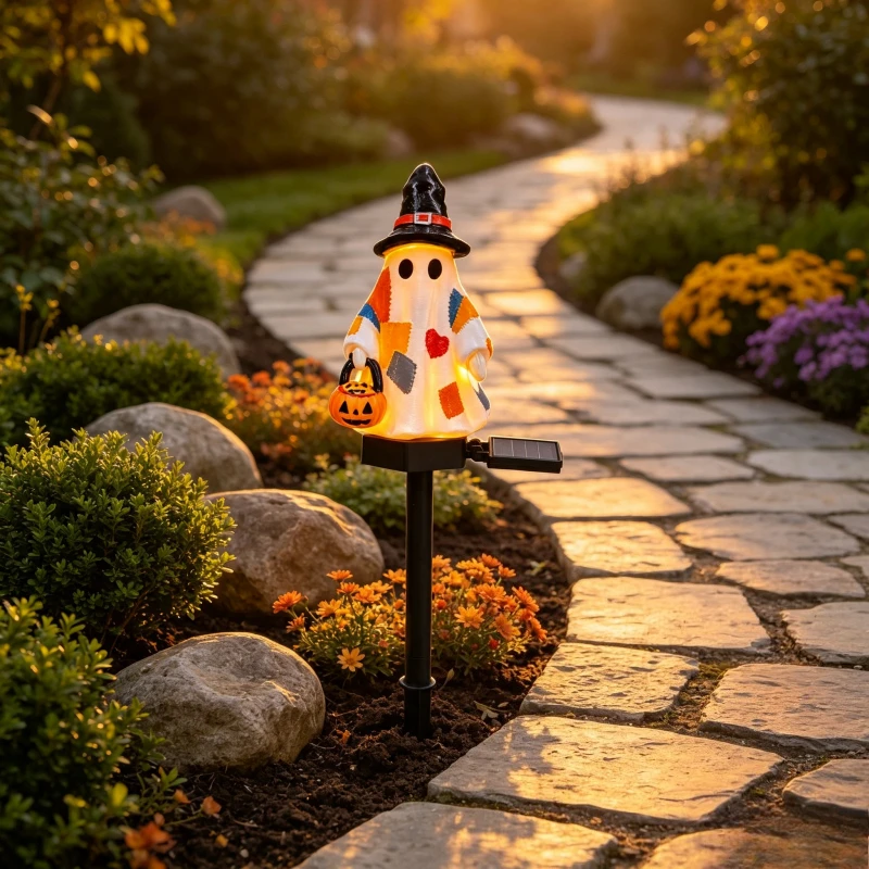 Halloween Patchwork Ghost Witch Solar Garden Stake Light Cute Spooky Resin Figurine Waterproof Warm LED Outdoor Yard