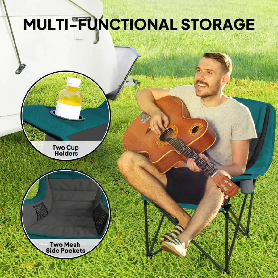 Kursi Berkemah Empuk untuk Dewasa Kursi Berkemah Lipat Portabel dengan Kantong Samping Tempat Cangkir Tas Jinjing Hitam