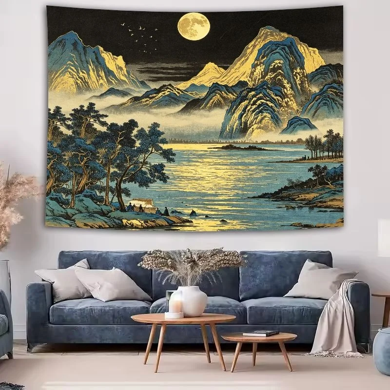 VIKAMA Ink Painting Chinese Style Tapestry Wall Hanging, Wall Art for Living Room Bedroom Office Study Room Tea Room Decor